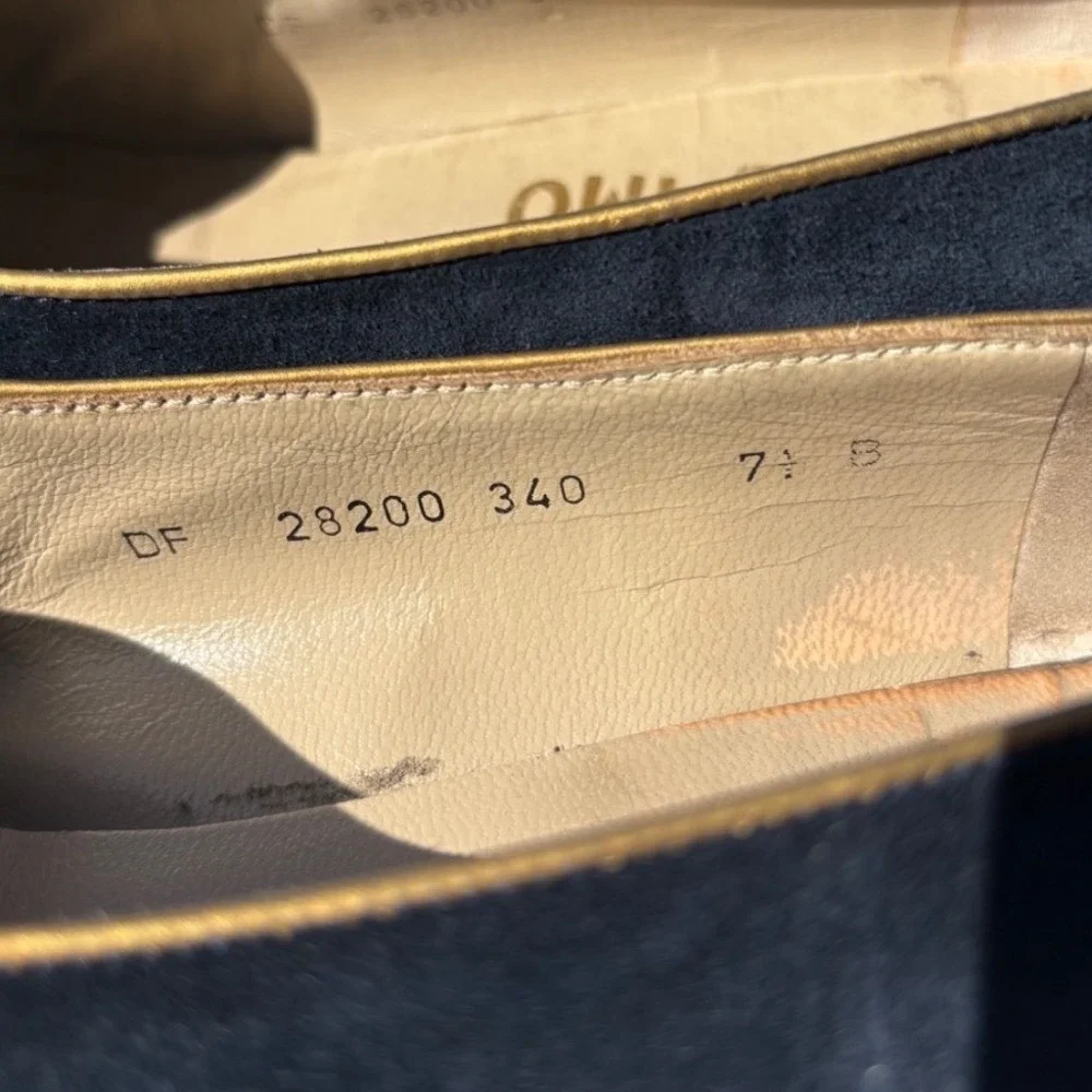 Salvatore Ferragamo Navy Suede Low Heel Pumps with Gold Accent